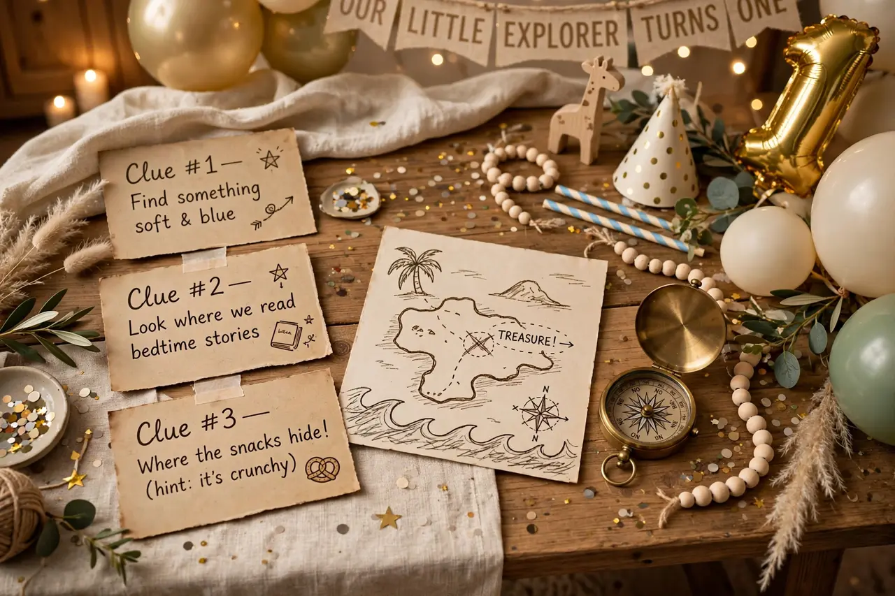 Birthday scavenger hunt clues: treasure map and clue cards