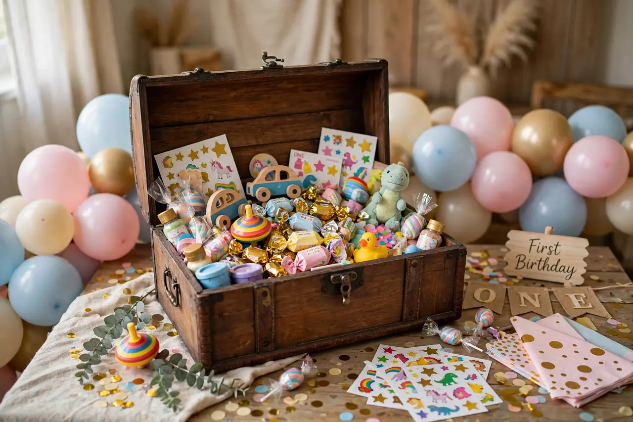 Birthday scavenger hunt prizes: treasure chest with treats