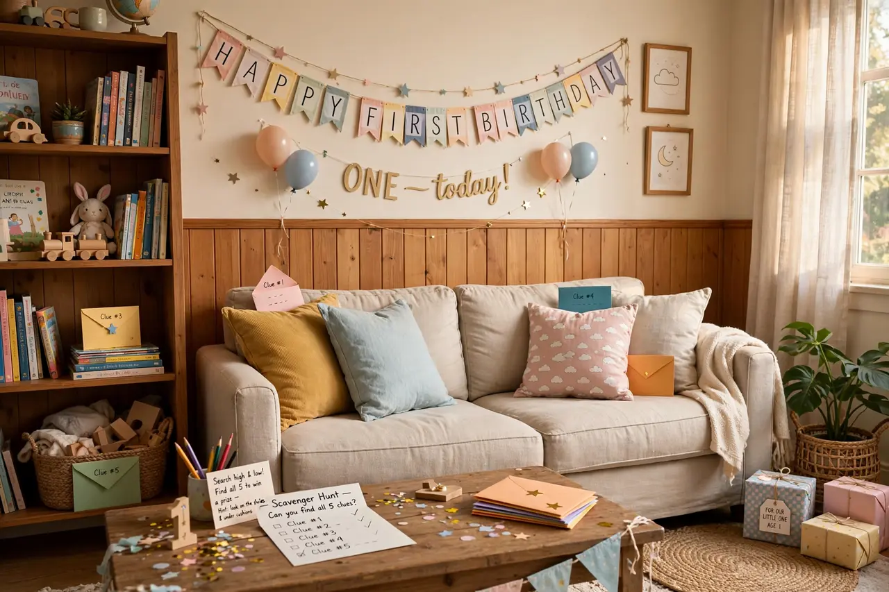Indoor birthday scavenger hunt: hidden clue envelopes