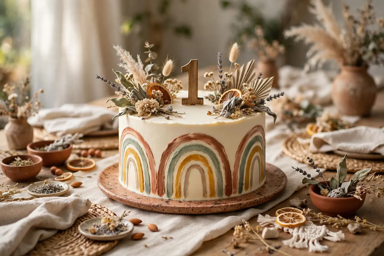 Boho rainbow first birthday cake in terracotta and sage