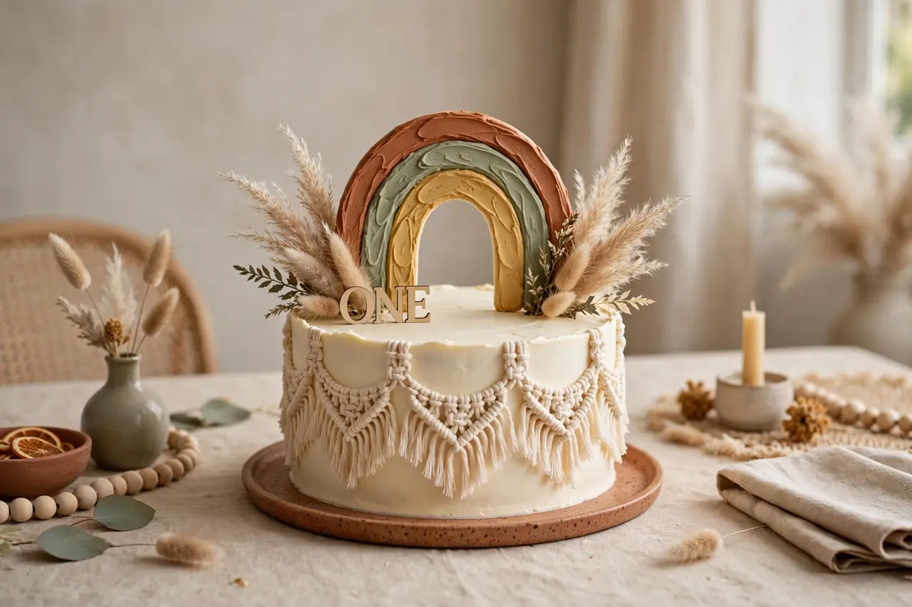 Boho rainbow cake — elegant birthday cake ideas