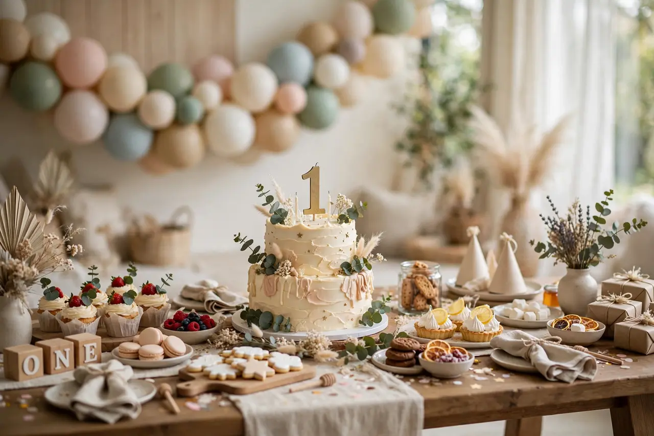 First birthday cake as centerpiece of party dessert table