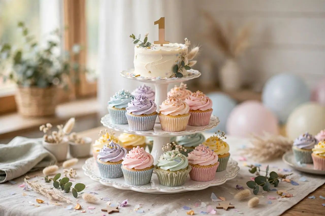 First birthday cupcake tower with small smash cake on top