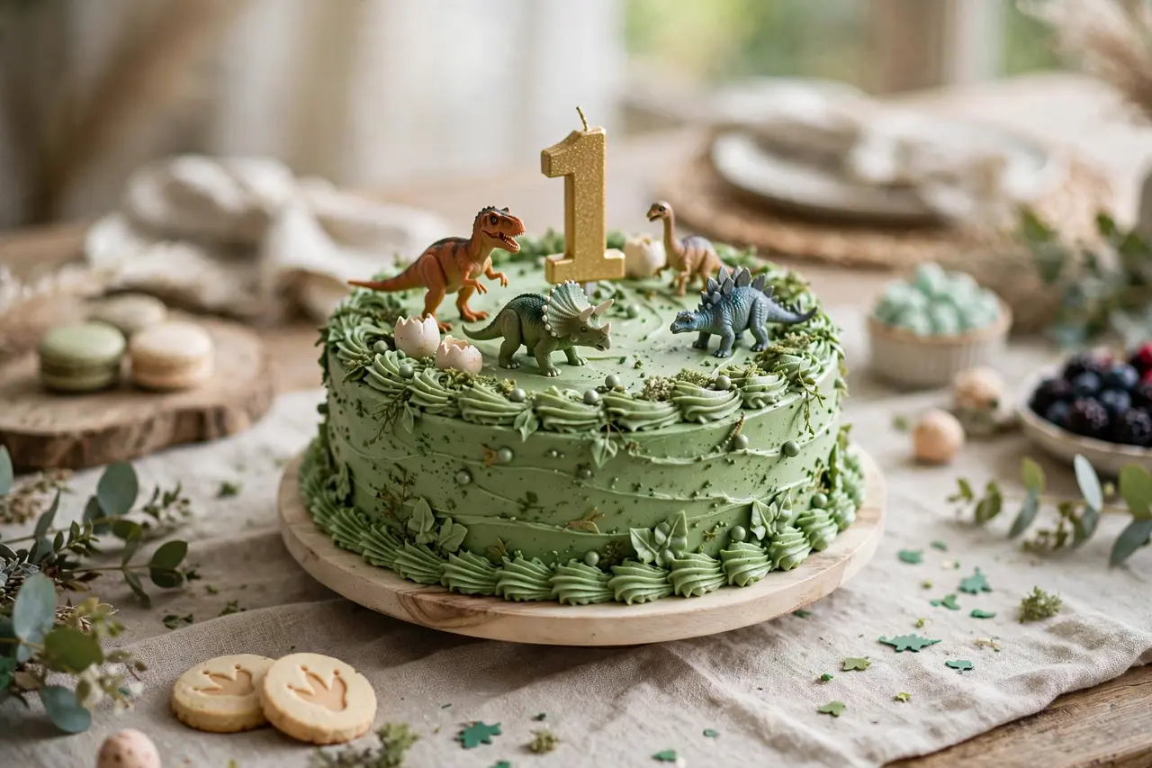 Dinosaur themed first birthday cake for a boy