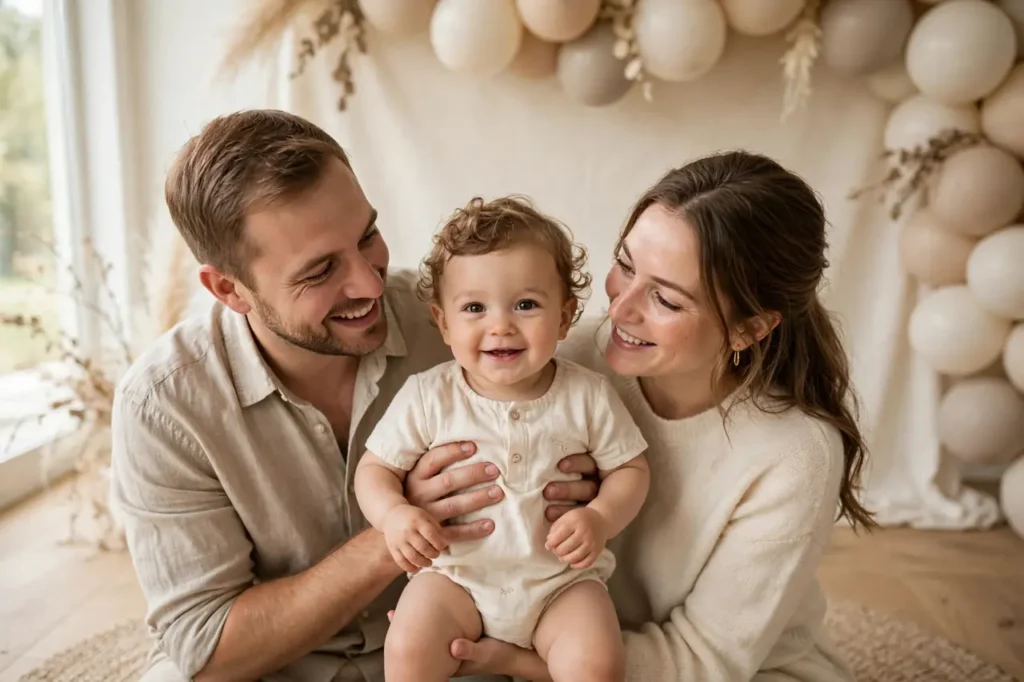 Family first birthday photoshoot with parents and baby