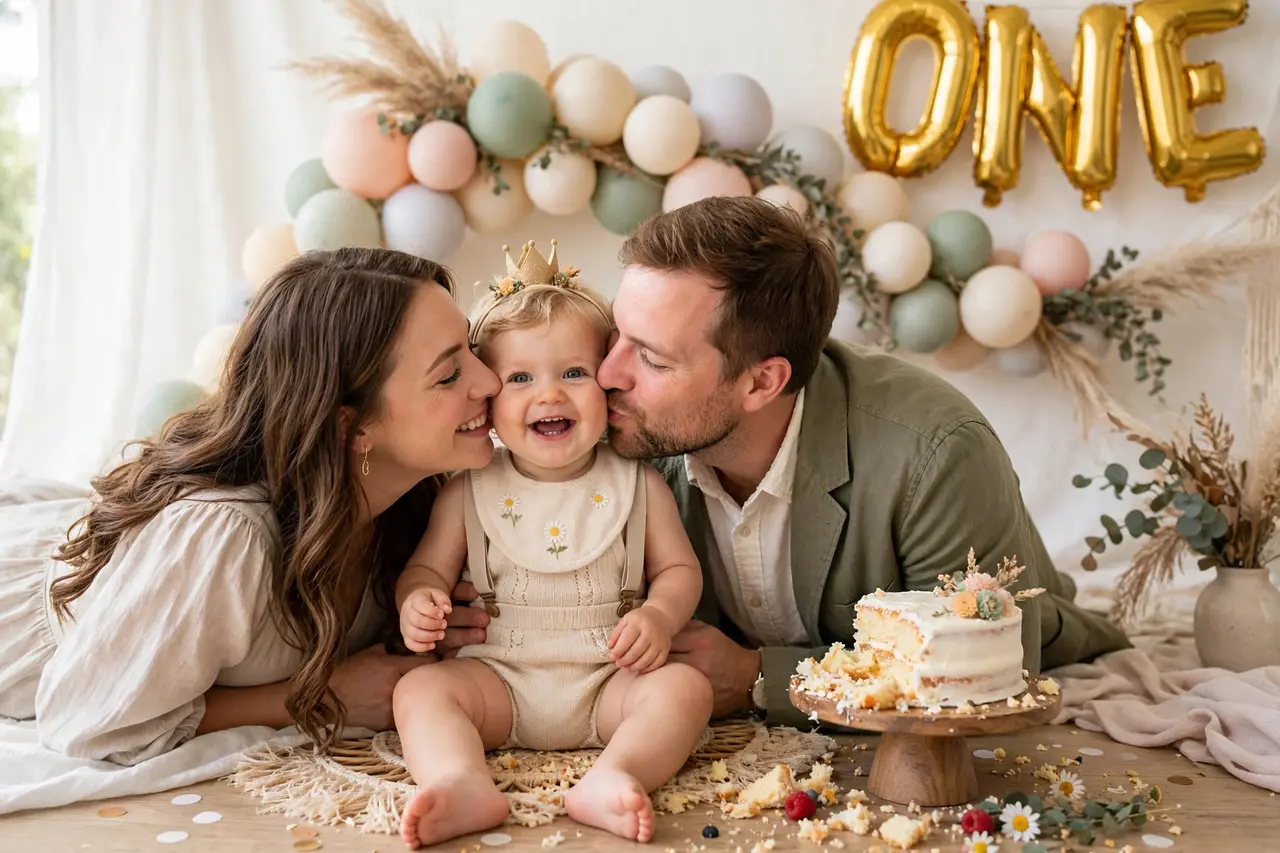 Parents kissing baby's cheeks at a smash cake photoshoot with ONE balloons