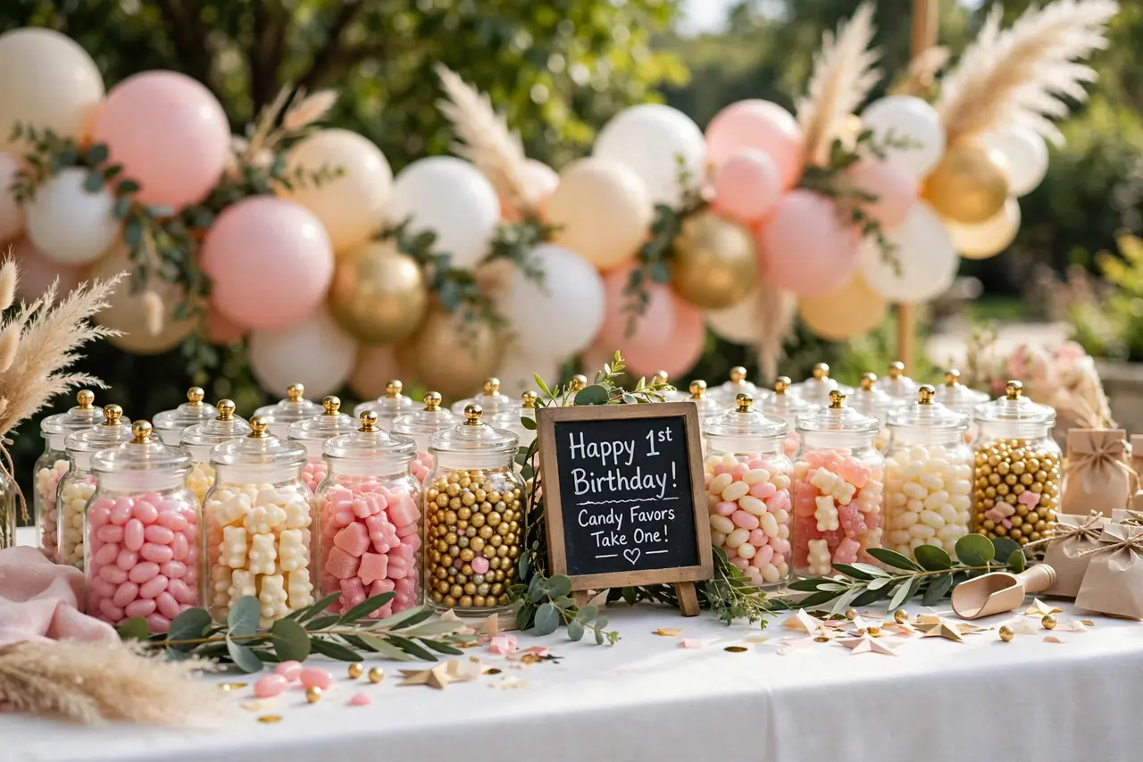 first birthday party favors - mini candy jar favors