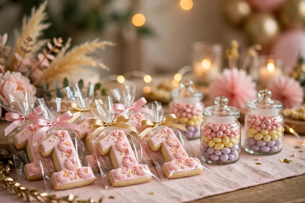 Sweet birthday party favors: number-one cookies and candy jars