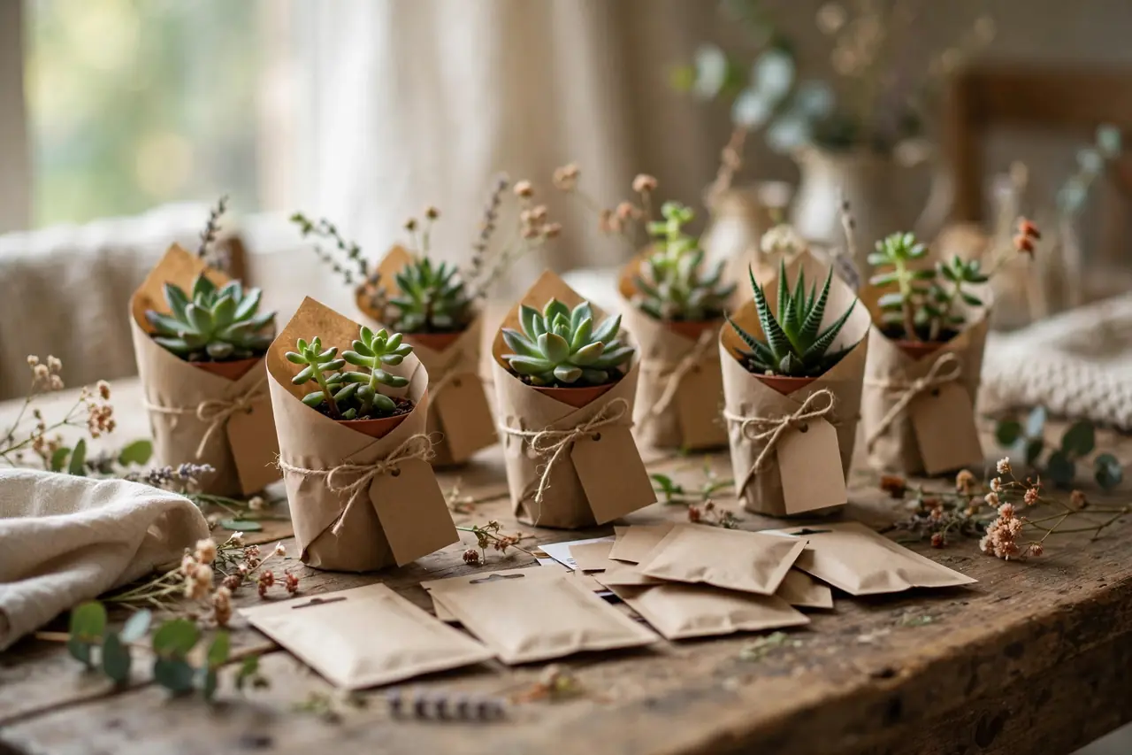 Keepsake birthday party favors: mini succulents and seed packets