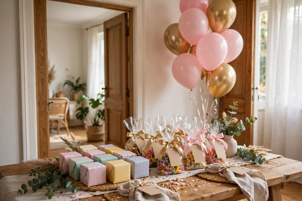 Styled birthday party favors table with gift boxes and balloons
