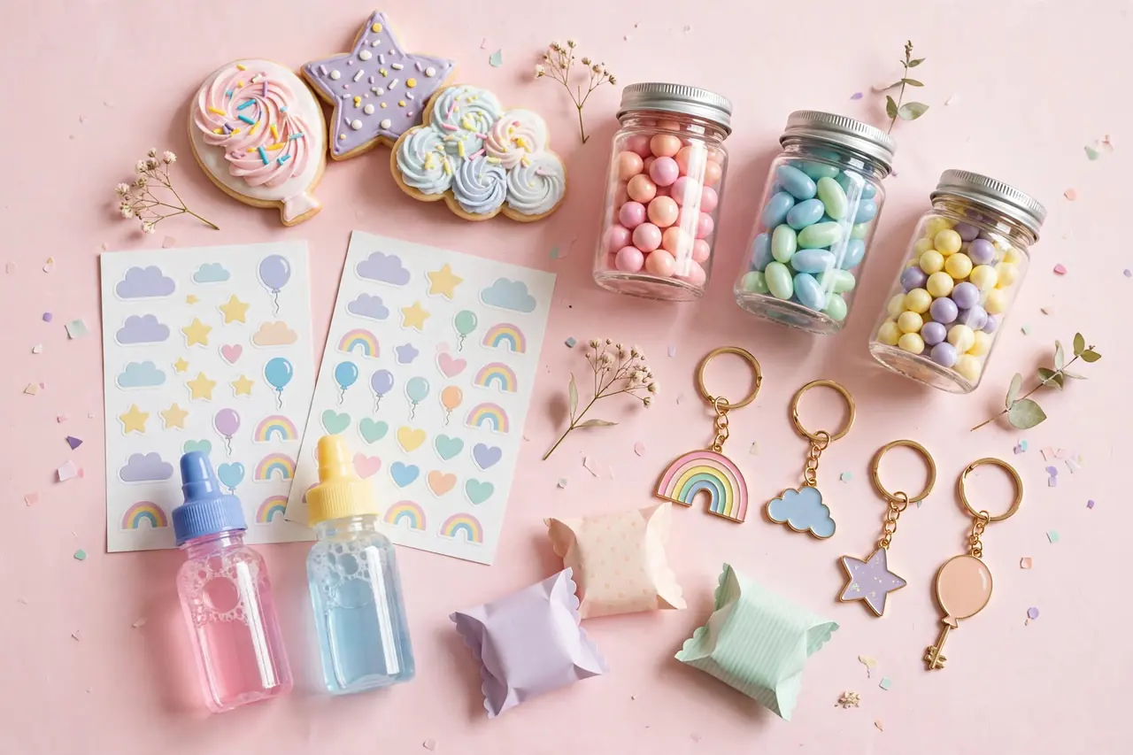 Birthday party favors flat lay with cookies, candy and stickers