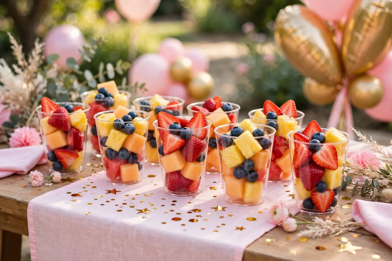 Birthday party food ideas: colorful fruit cups with yogurt dip for a first birthday
