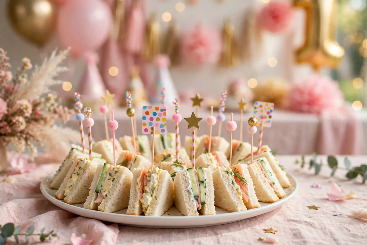 Birthday party food: mini sandwich triangles on a party platter