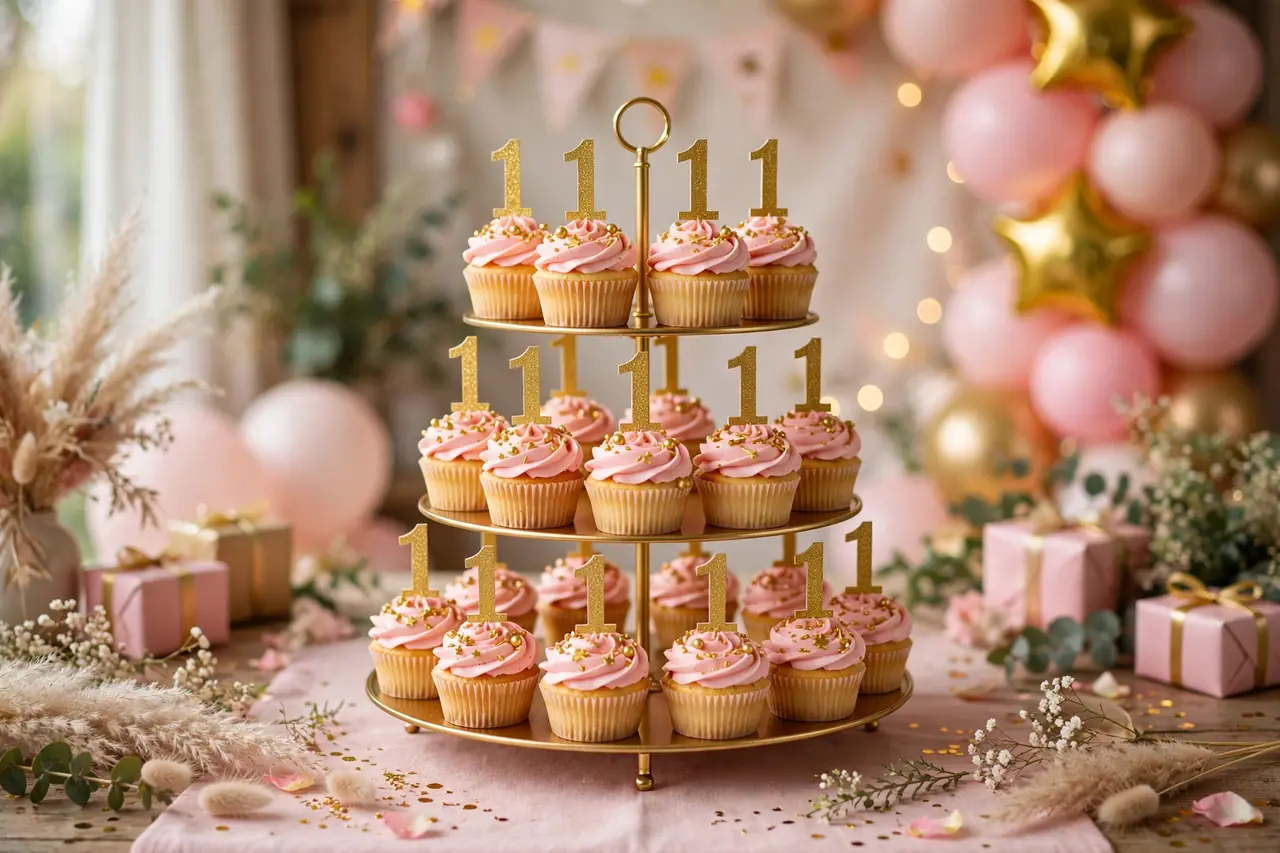 Birthday party food ideas: one-themed cupcakes with golden 1 toppers