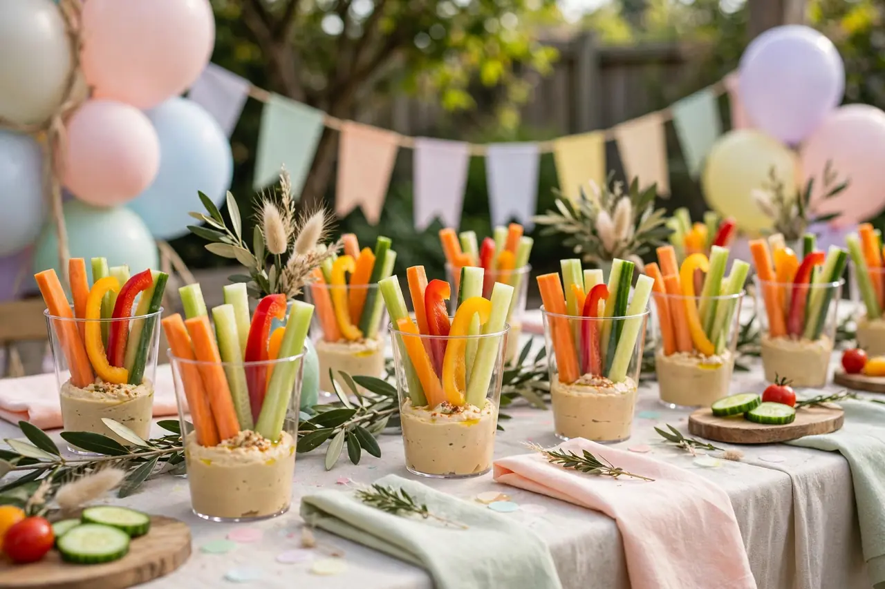 Healthy birthday party food: individual veggie cups with hummus dip