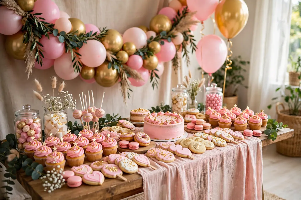 Birthday party food display: first birthday dessert table with balloons