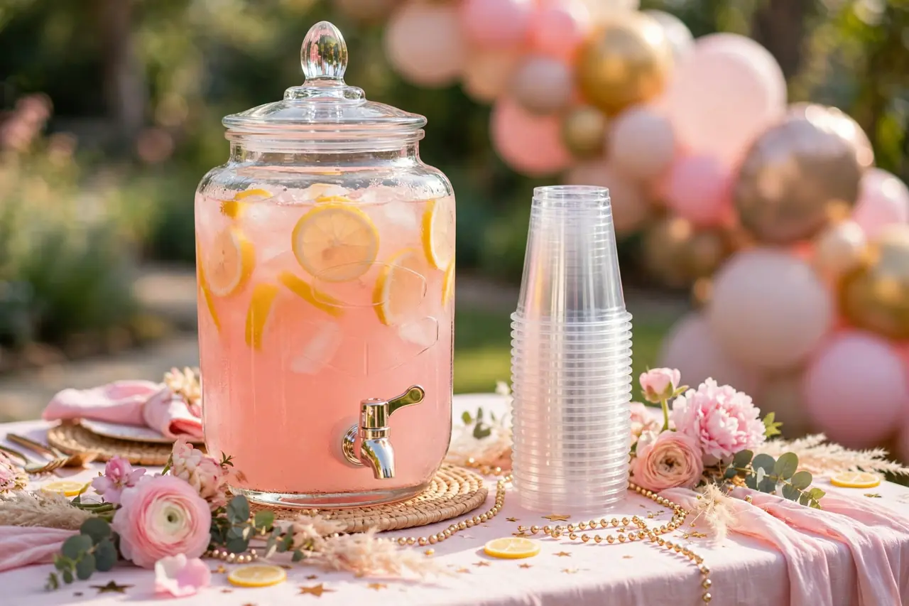 Birthday party food and drinks: pink lemonade punch station