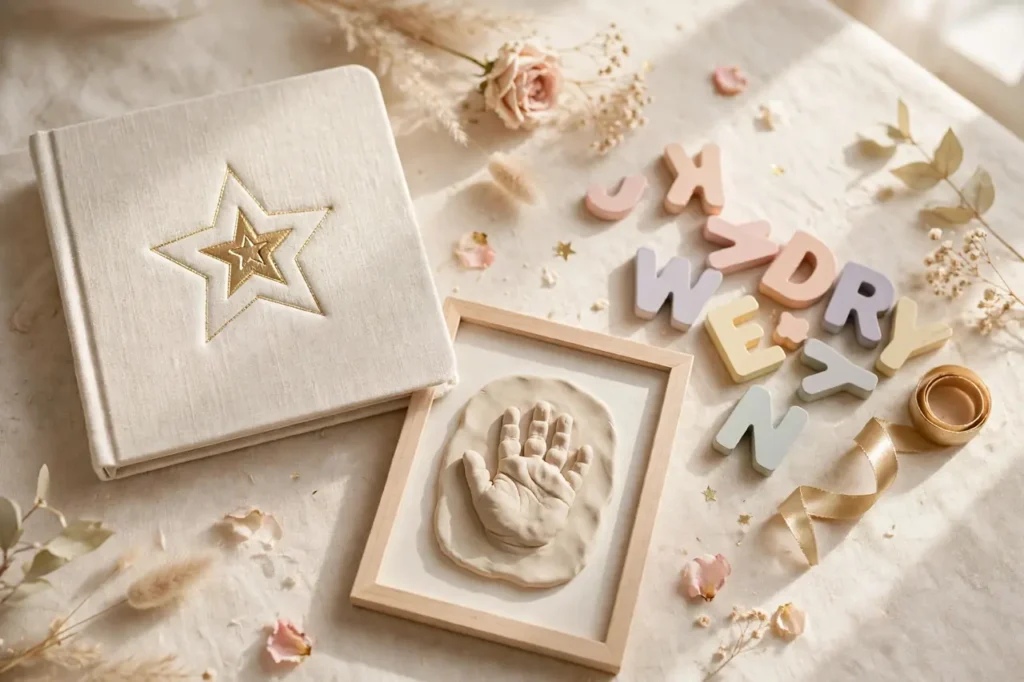 Keepsake birthday gift ideas for a first birthday: personalized storybook, handprint kit and name puzzle