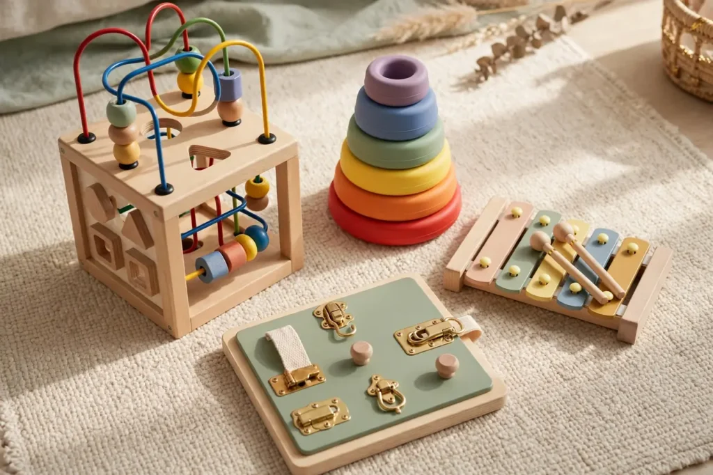 Developmental birthday gift ideas for a 1-year-old: wooden activity cube, stacking cups and xylophone