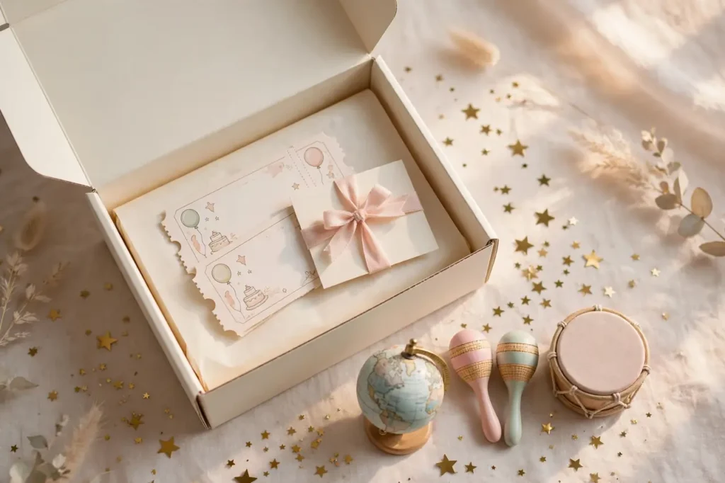 Experience birthday gift ideas: gift box with tickets, voucher card and children's music instruments
