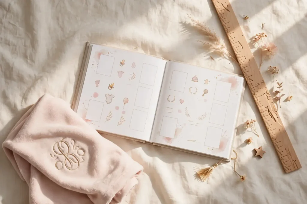 Personalized birthday gift ideas: embroidered baby blanket, first-year photo book and growth chart