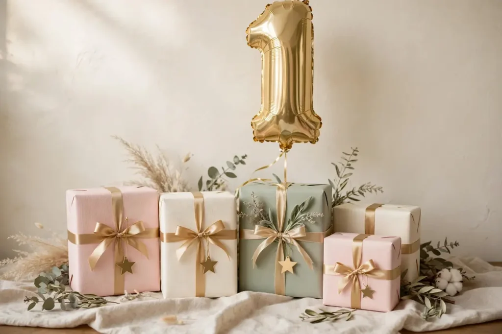 Beautifully wrapped birthday gift ideas with gold ribbons and a number 1 balloon