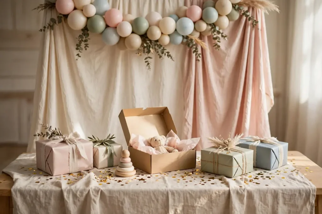 First birthday gift table styled with pastel presents, balloon garland and gold confetti