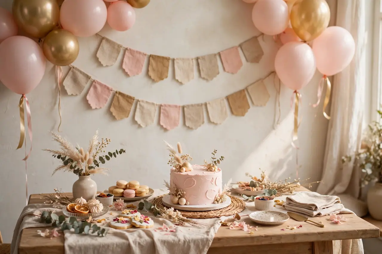 Elegant first-birthday party scene with a happy birthday banner, gold and blush balloons, and a cake table