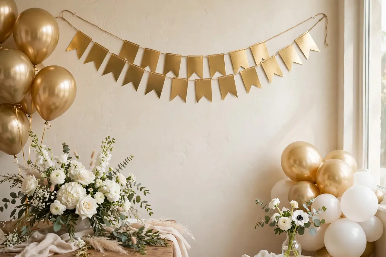 Classic gold happy birthday banner hanging at a first birthday party with cream balloons and white flowers