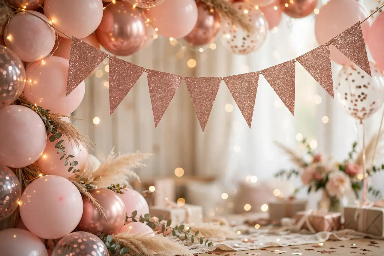 Rose gold glitter happy birthday banner with blush pink balloons and fairy lights at a first birthday party