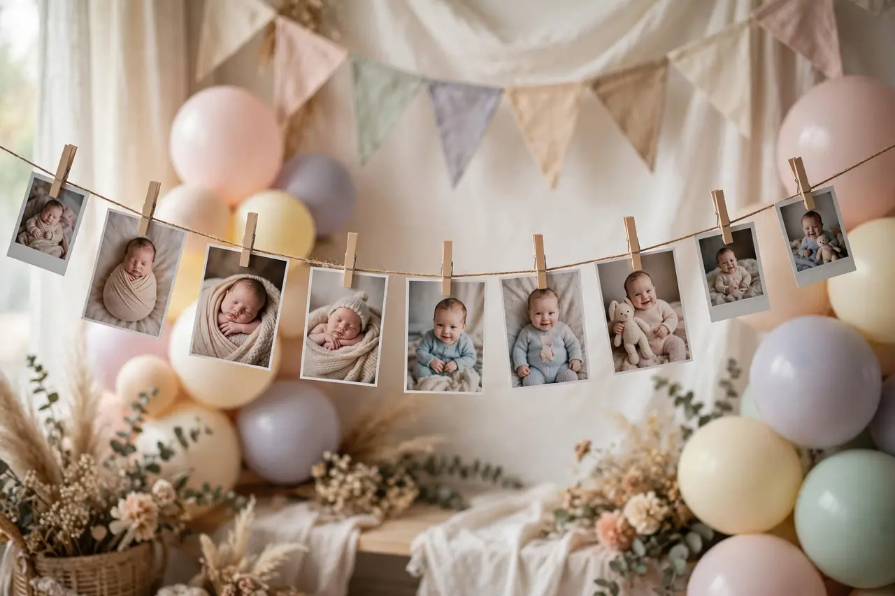 Personalized photo happy birthday banner with baby milestone photos clipped along a string