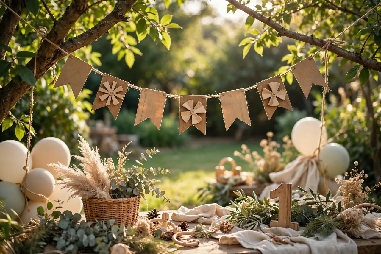 Rustic wooden happy birthday banner garland strung outdoors at a garden first birthday party