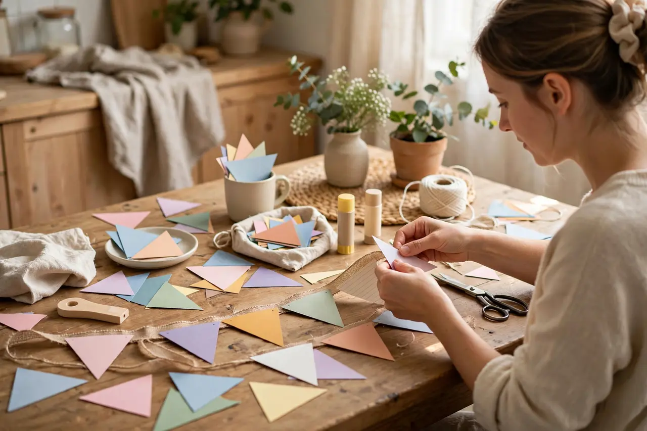 DIY paper happy birthday banner craft in progress with cardstock triangles and ribbon on a table