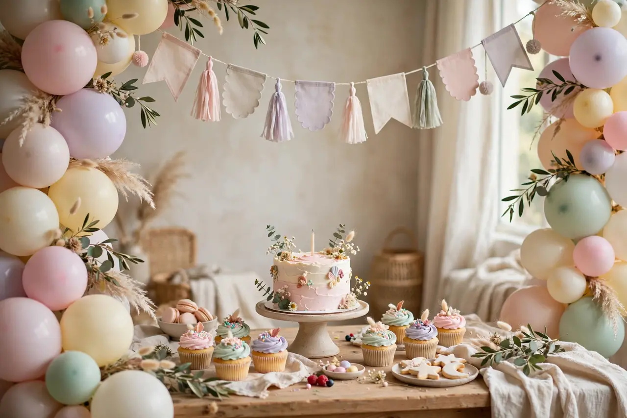 Happy birthday banner styled above a first birthday dessert table with smash cake and balloon garland
