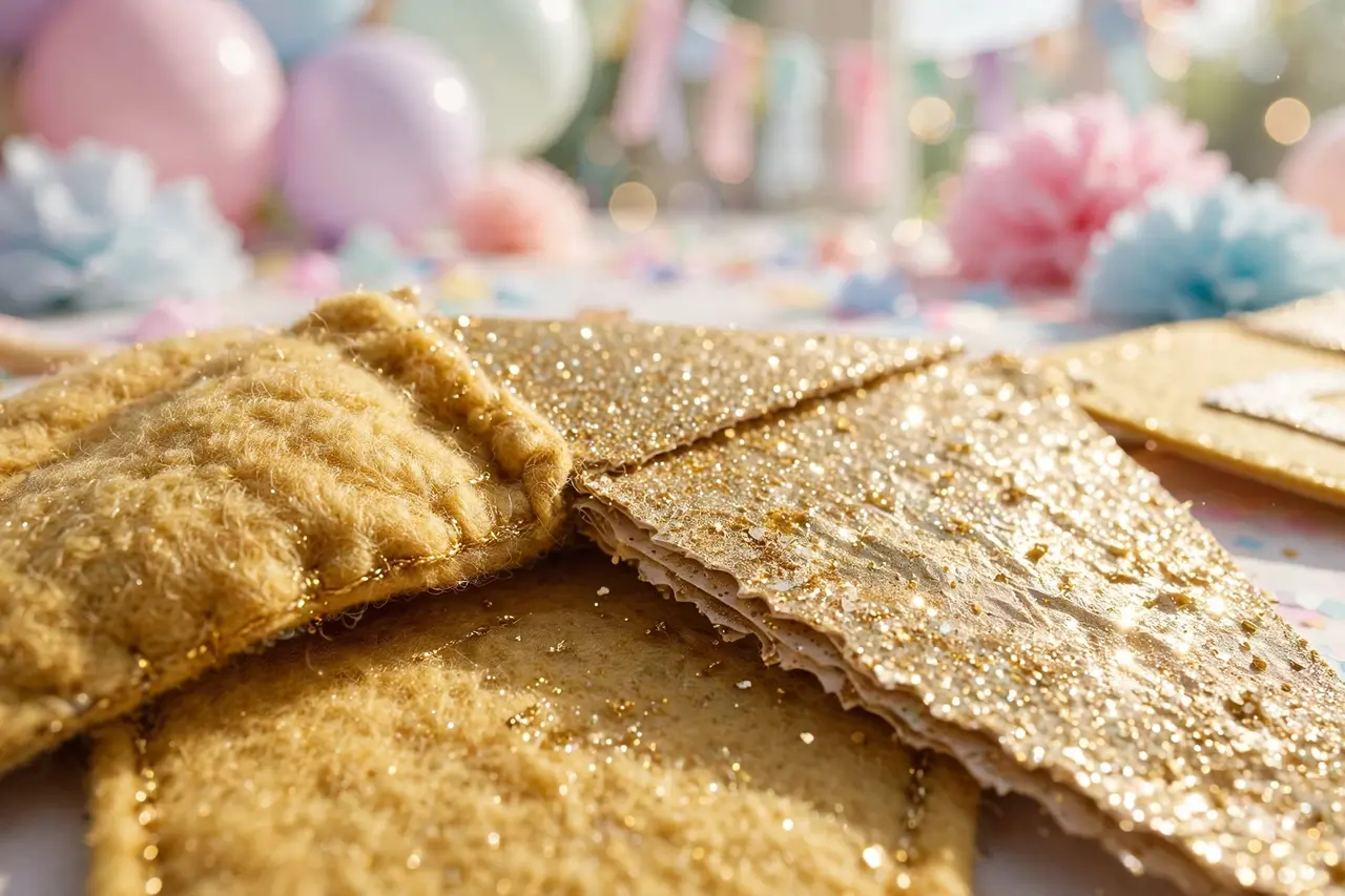 Close-up of gold felt happy birthday banner texture with glittered paper detail and party decor