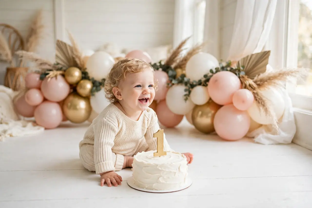 Smash cake photoshoot with happy baby in front of a white cake and blush balloon garland