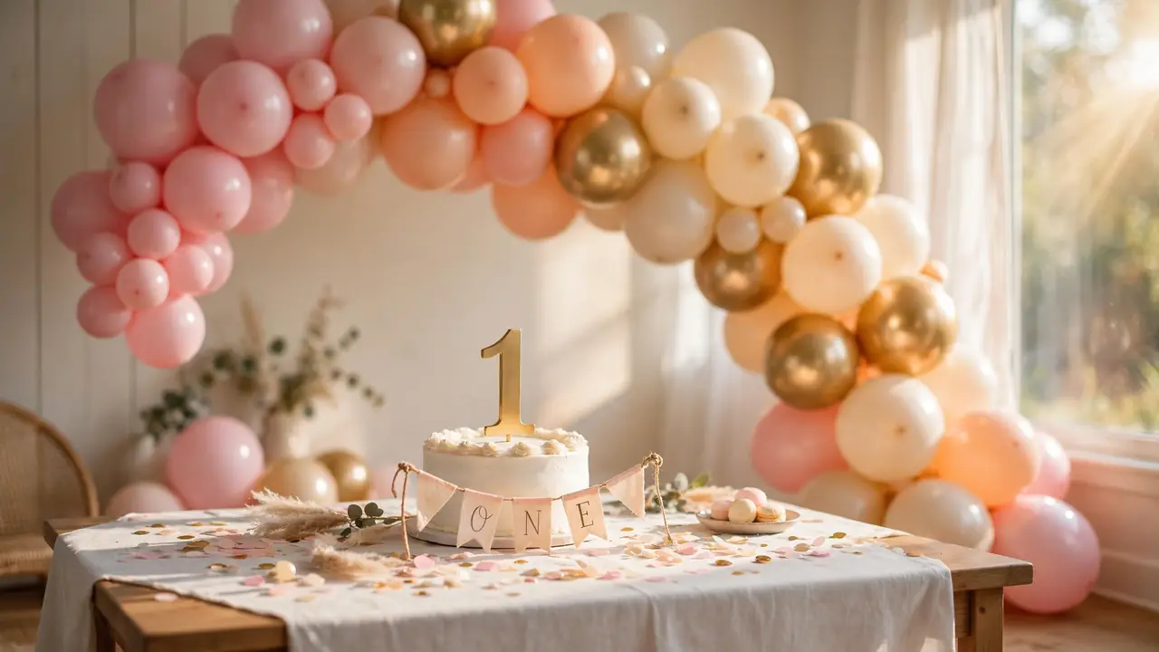 Pastel balloon garland arch over a cake table — classic kids birthday party ideas