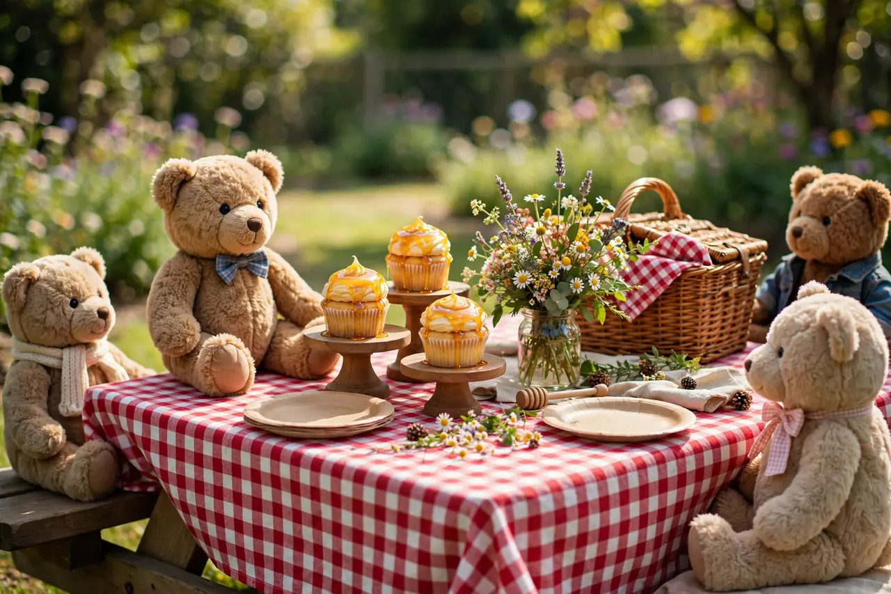 Teddy bear picnic themed party table — cute kids birthday party ideas