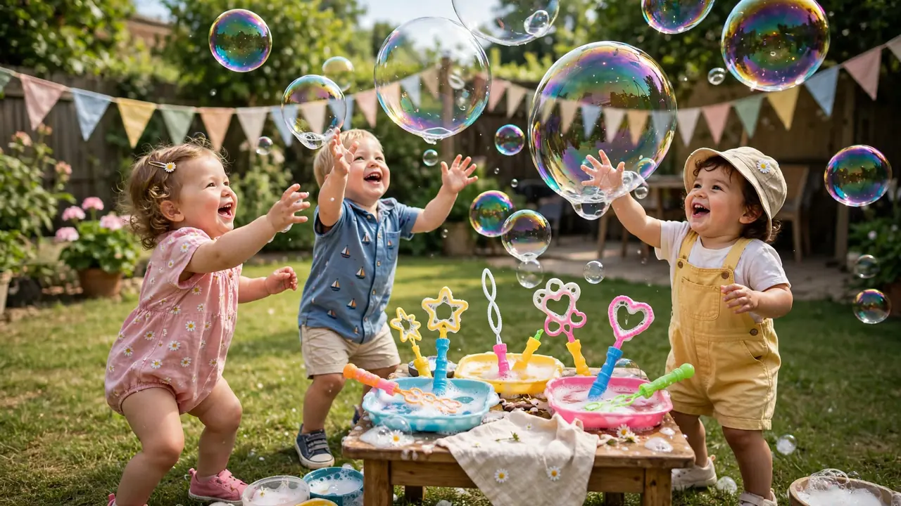 Toddler bubble play station with giant bubbles — fun kids birthday party ideas