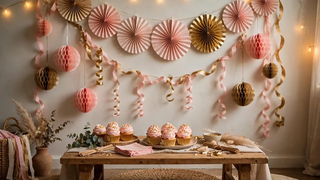 DIY paper fans and honeycomb decor in blush and gold — budget kids birthday party ideas