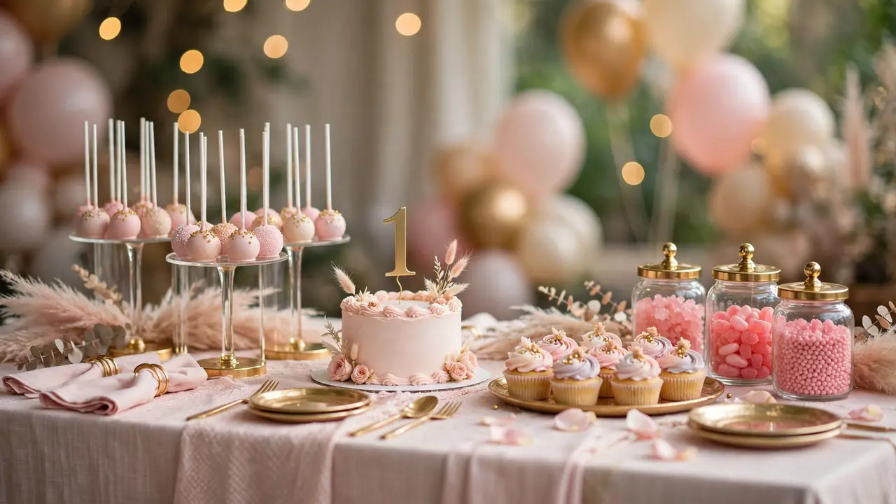 Dessert table with cake pops and first birthday cake — sweet kids birthday party ideas