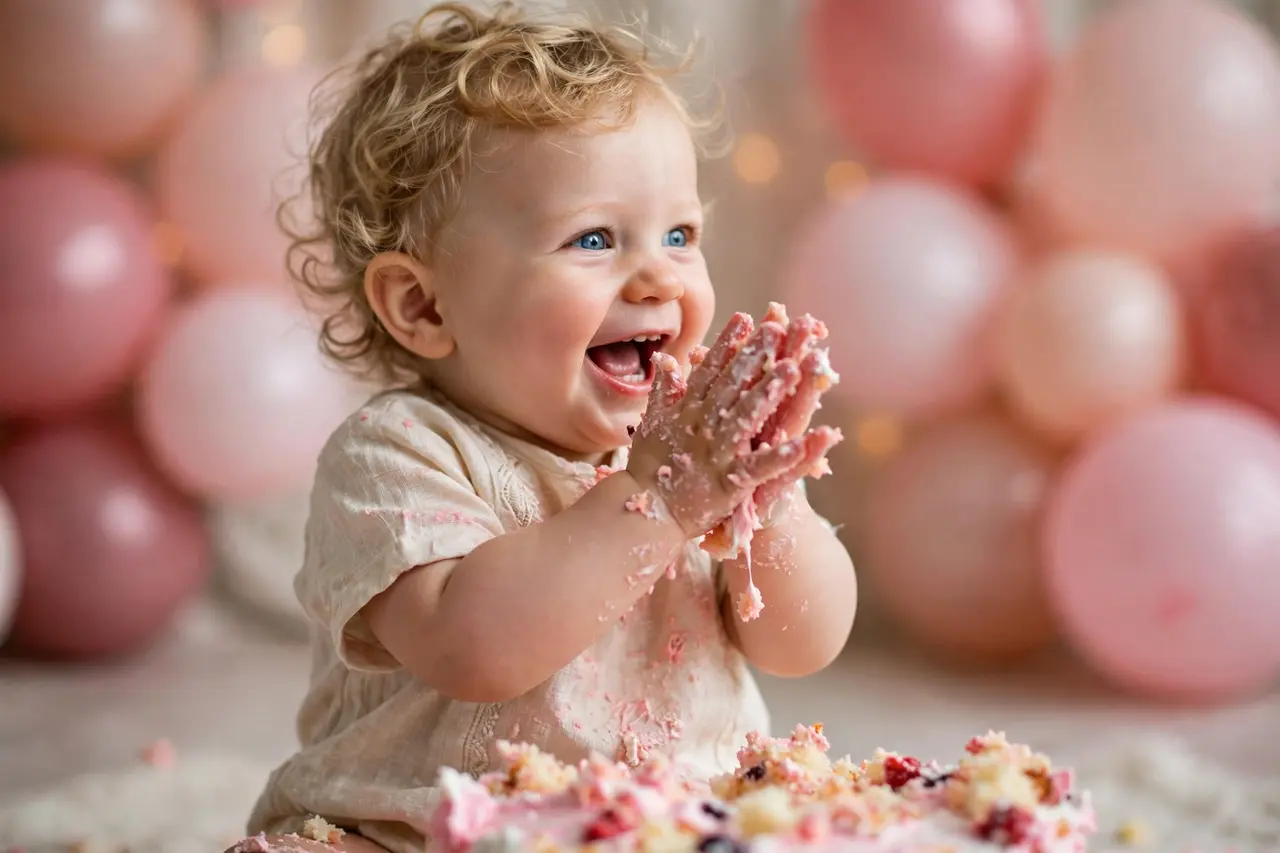 Candid messy moment during a smash cake photoshoot with frosting-covered hands