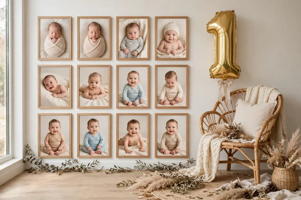 First birthday photoshoot with monthly milestone photo display
