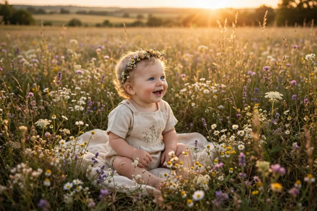 Outdoor golden hour first birthday photoshoot in a flower field