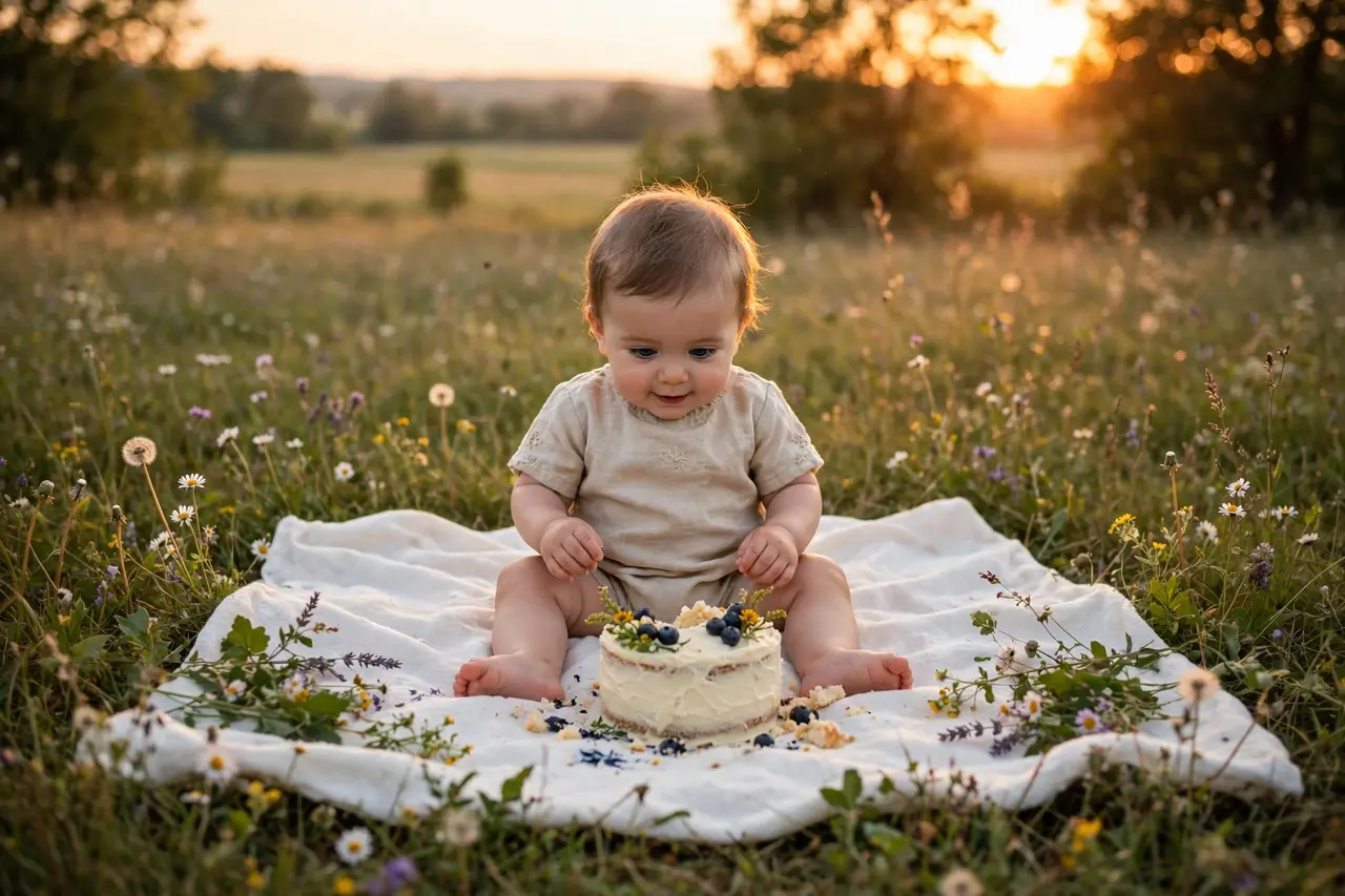 Outdoor golden hour smash cake photoshoot in a meadow at sunset