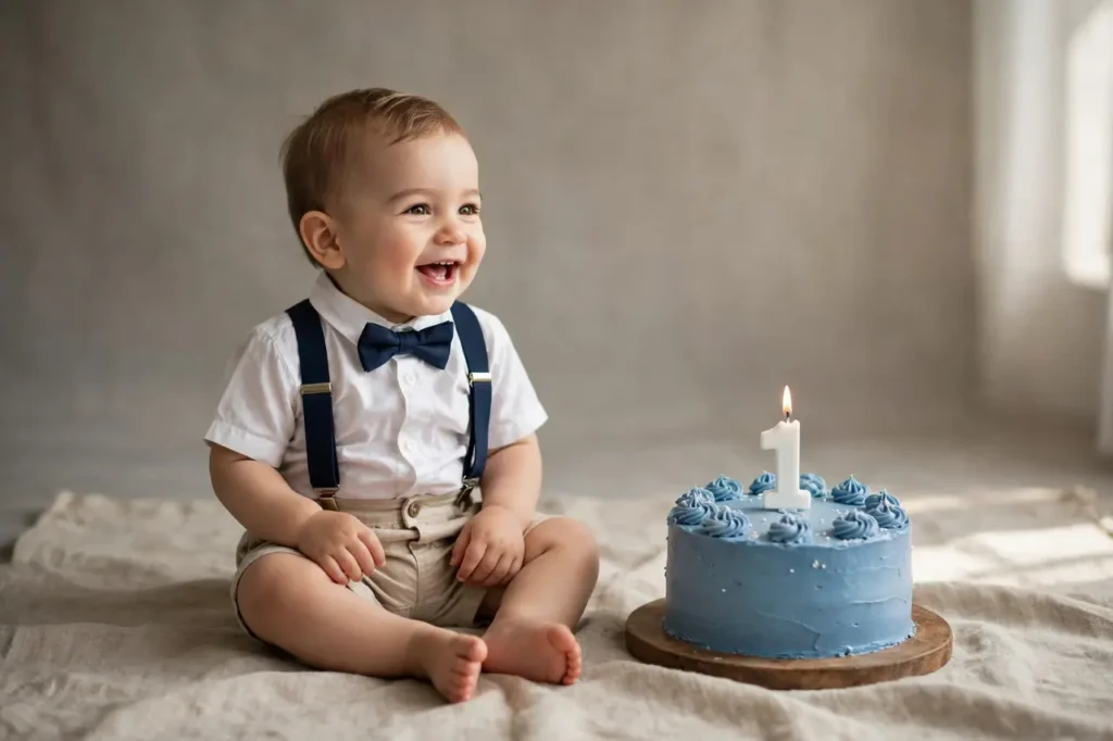 Baby boy in suspenders and bow tie first birthday outfit