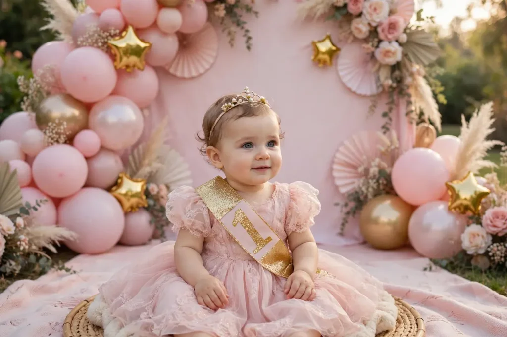 Baby girl in blush pink princess first birthday outfit