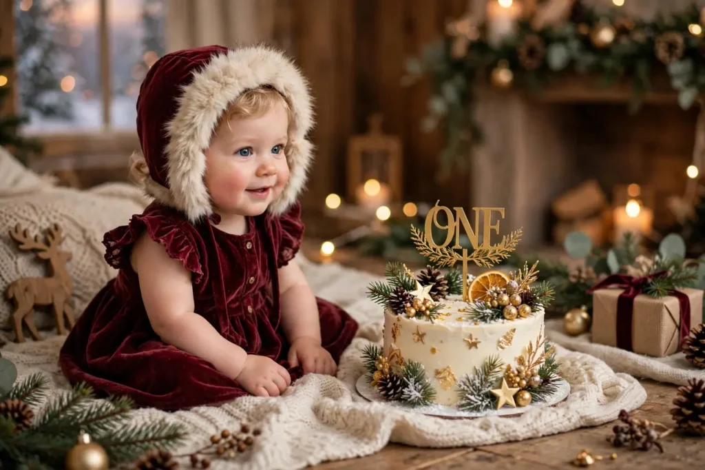 Baby in burgundy velvet winter first birthday outfit with bonnet