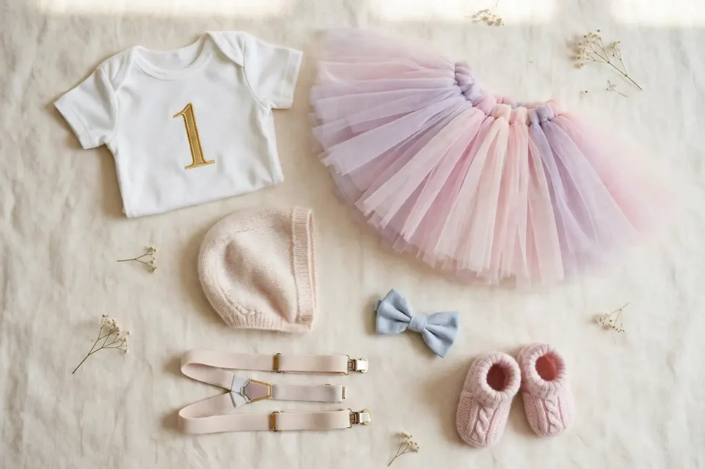 Flat lay of baby first birthday outfit pieces with onesie and tutu
