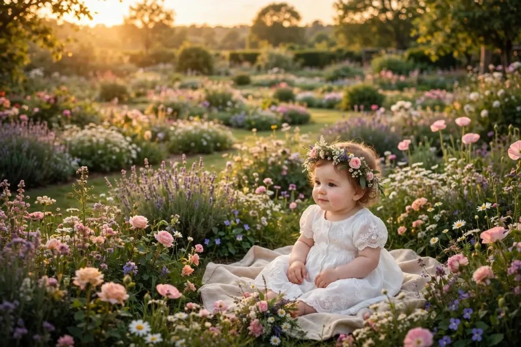 Baby girl with floral crown wearing white first birthday outfit